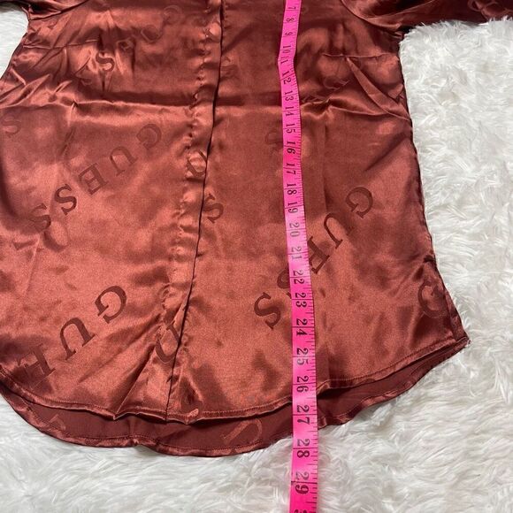Guess Satin Logo Bronze Brown Blouse Long Sleeve Button Up Size XS Classic Elega - Picture 10 of 12